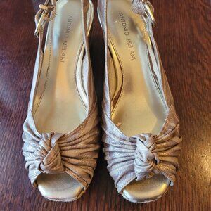 Antonio Melani size 6.5M gold zebra print wedge sling back shoes
